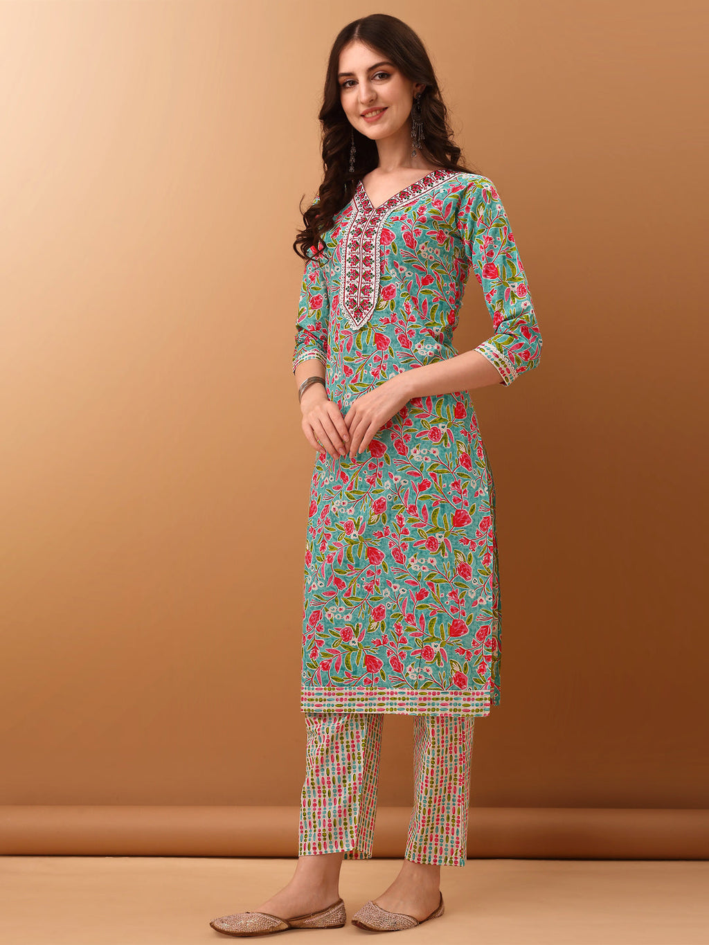 Embroidered & Floral Printed Kurta With Pant & Dupatta, Green - Hiral Fashion
