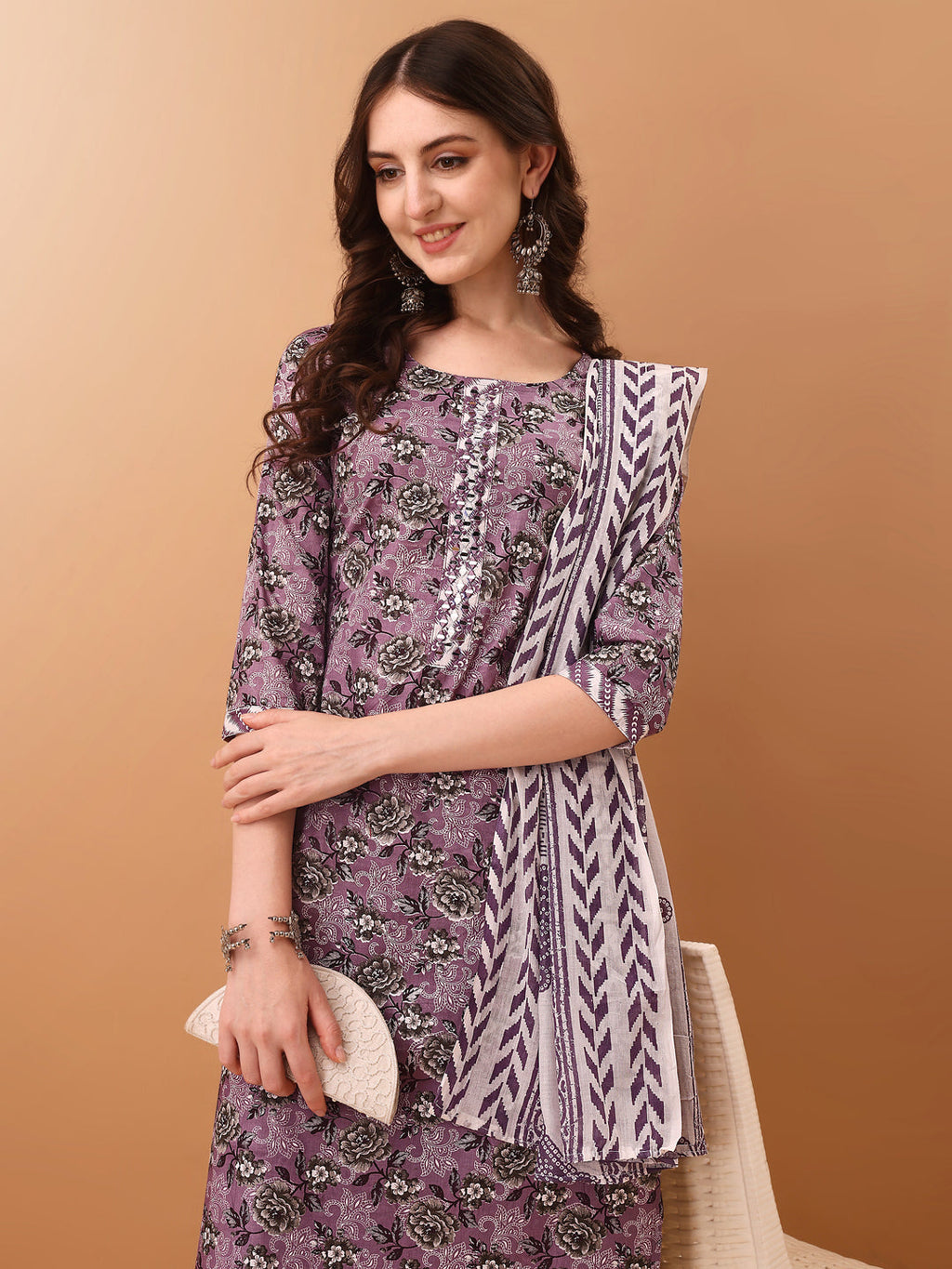 Mirror Embroidered & Floral Printed Kurta With Pant & Dupatta, Lavender - Hiral Fashion