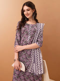 Mirror Embroidered & Floral Printed Kurta With Pant & Dupatta, Lavender - Hiral Fashion