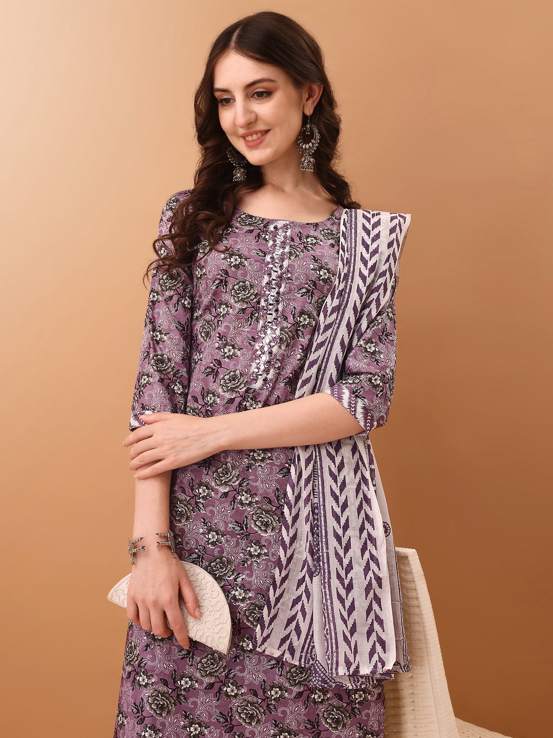 Mirror Embroidered & Floral Printed Kurta With Pant & Dupatta, Lavender - Hiral Fashion