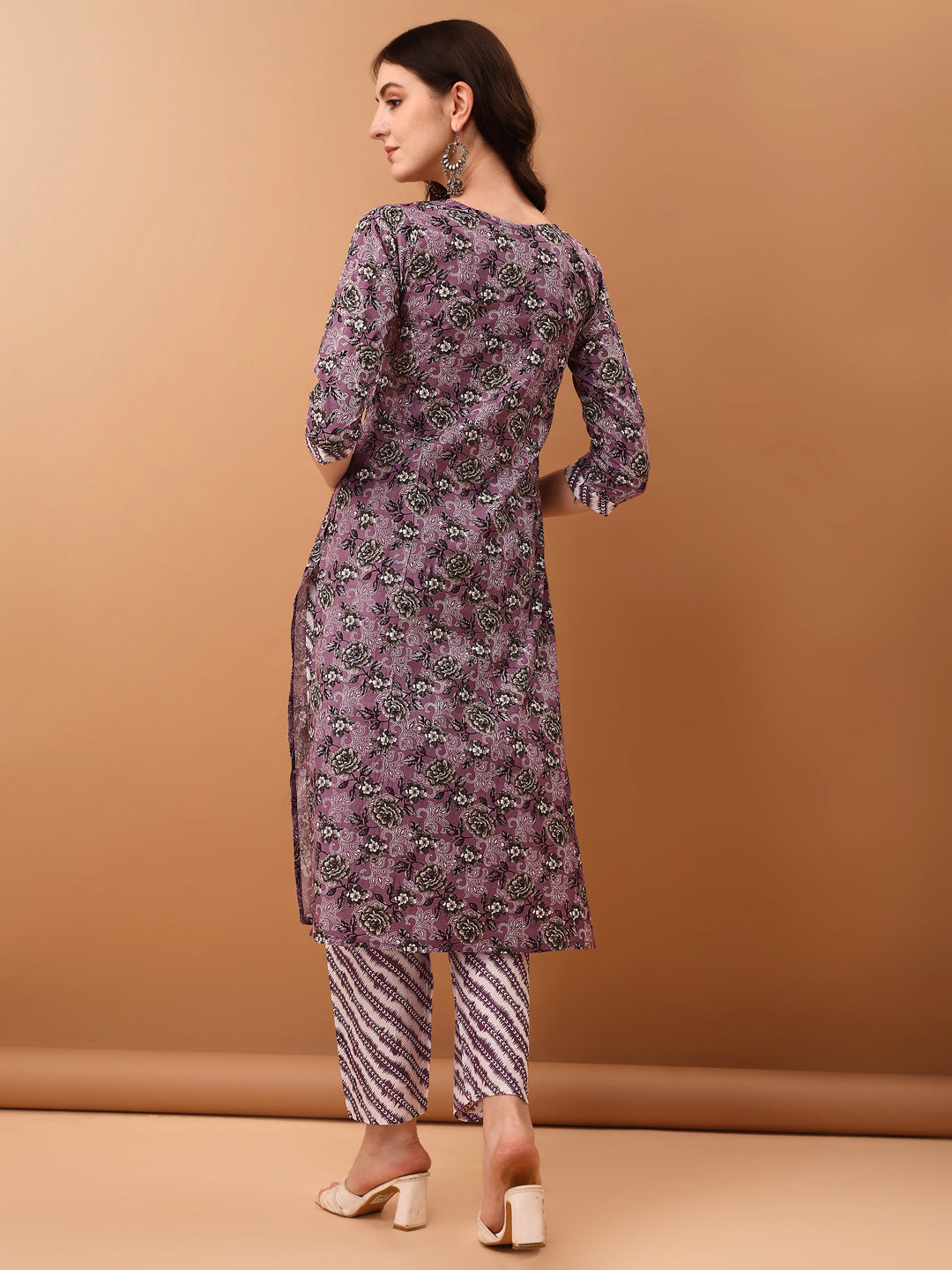 Mirror Embroidered & Floral Printed Kurta With Pant & Dupatta, Lavender - Hiral Fashion