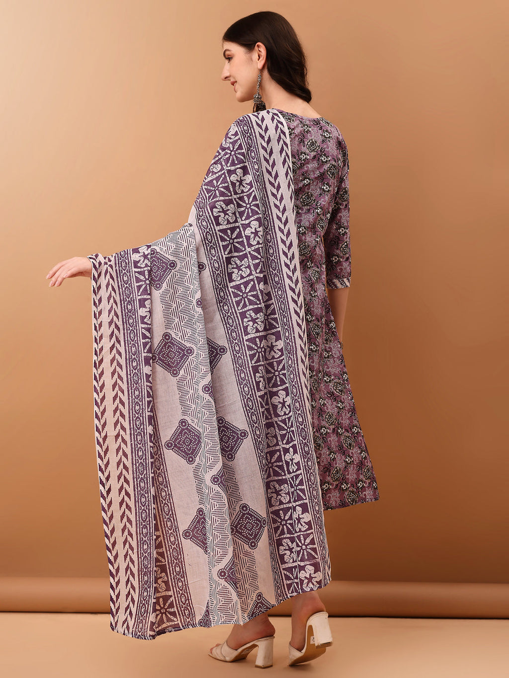 Mirror Embroidered & Floral Printed Kurta With Pant & Dupatta, Lavender - Hiral Fashion