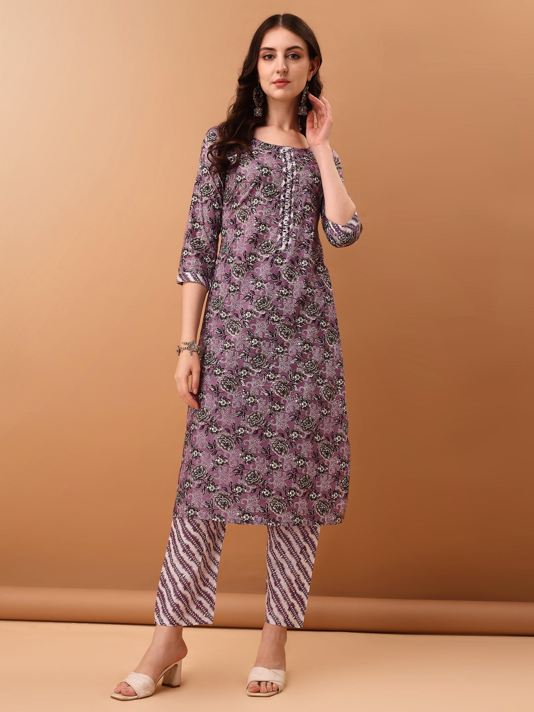 Mirror Embroidered & Floral Printed Kurta With Pant & Dupatta, Lavender - Hiral Fashion