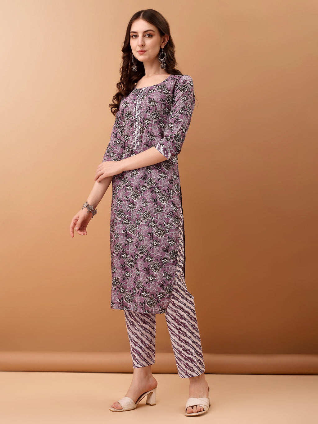 Mirror Embroidered & Floral Printed Kurta With Pant & Dupatta, Lavender - Hiral Fashion