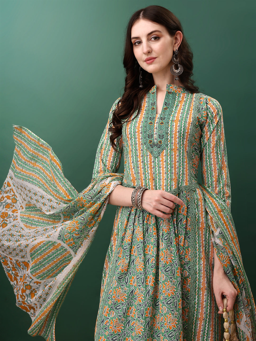 Nyra Cut Embroidered & Printed With Lace Detailing Kurta With Pant & Dupatta, Green - Hiral Fashion