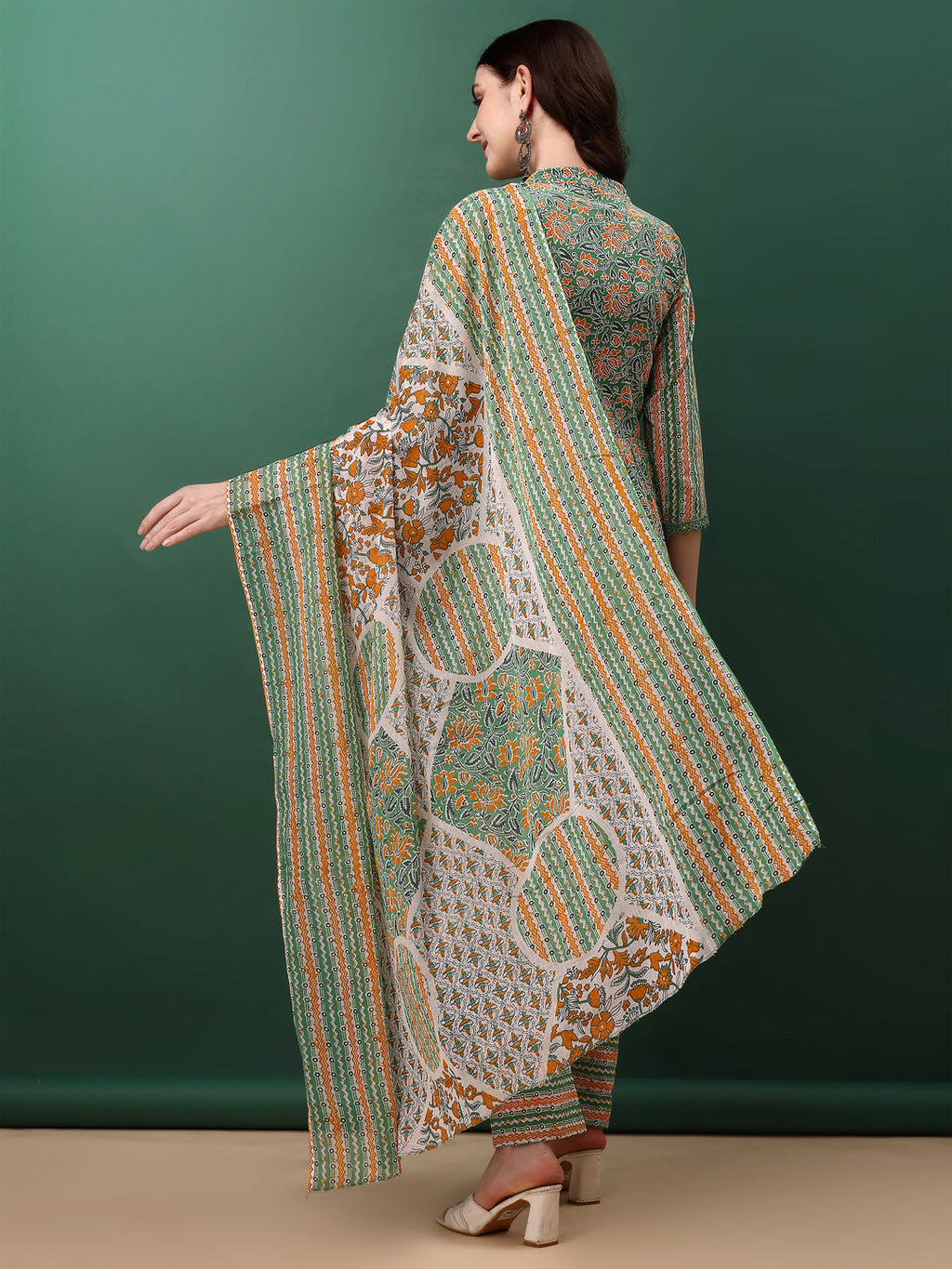 Nyra Cut Embroidered & Printed With Lace Detailing Kurta With Pant & Dupatta, Green - Hiral Fashion