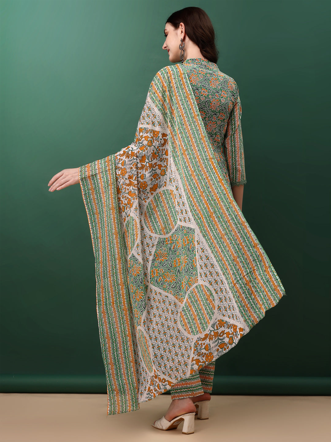Nyra Cut Embroidered & Printed With Lace Detailing Kurta With Pant & Dupatta, Green - Hiral Fashion