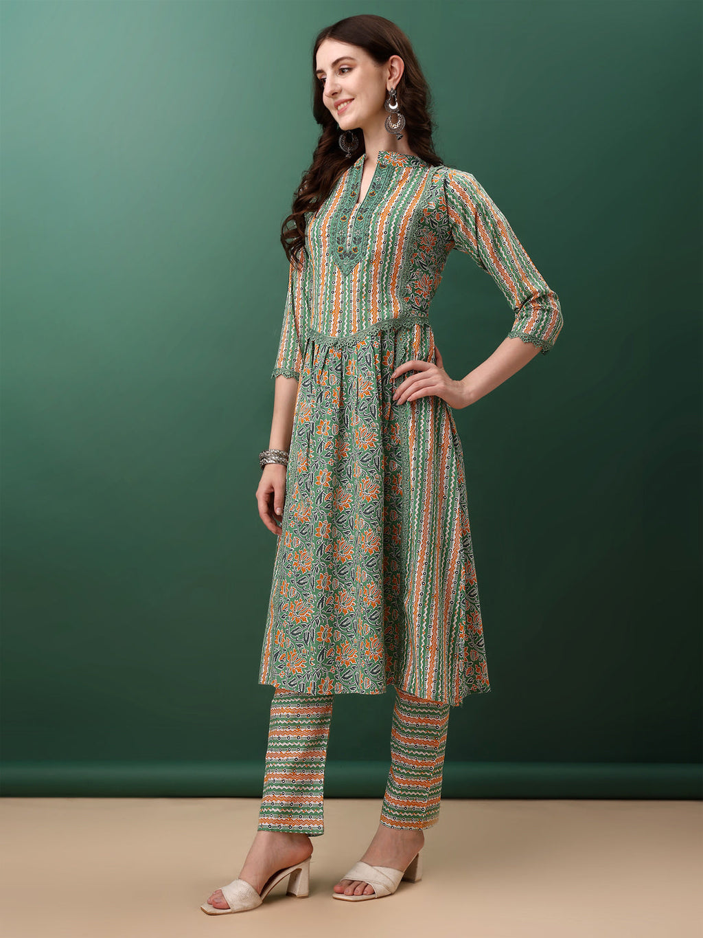 Nyra Cut Embroidered & Printed With Lace Detailing Kurta With Pant & Dupatta, Green - Hiral Fashion