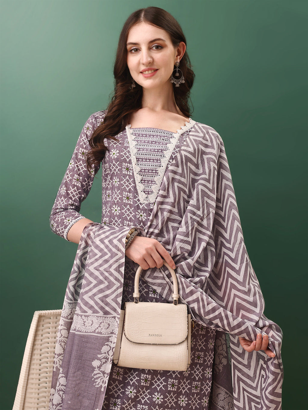 Lavender Ethnic Motifs Printed Kurta Set with Pant and Dupatta