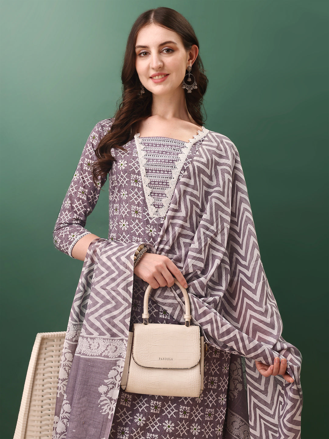 Lavender Ethnic Motifs Printed Kurta Set with Pant and Dupatta