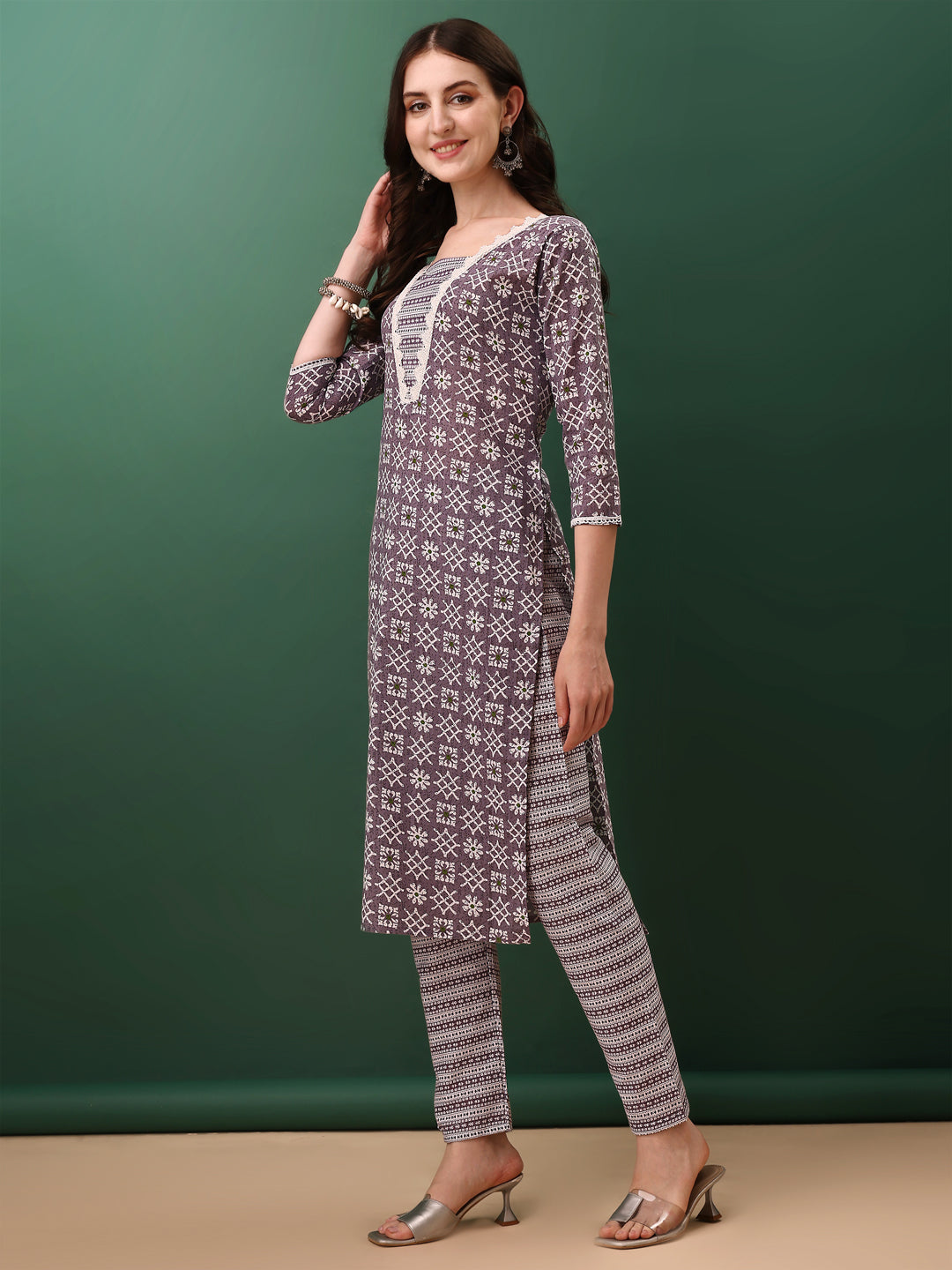 Lavender Ethnic Motifs Printed Kurta Set with Pant and Dupatta