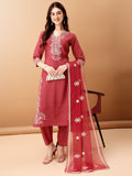 Pink embroidered Chanderi kurta set with matching pants and dupatta