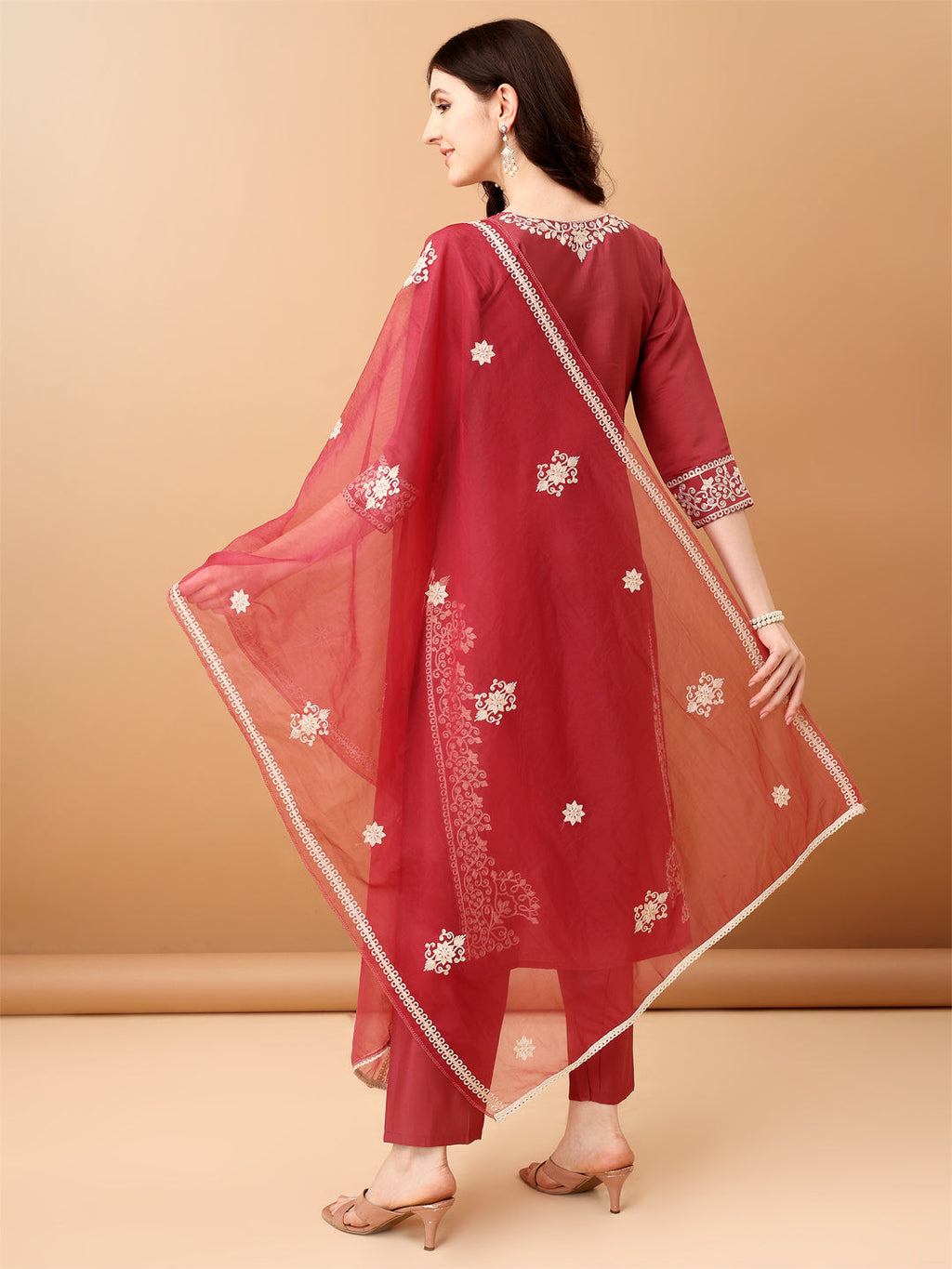 Pink Embroidered Chanderi Kurta Set with Pants and Dupatta