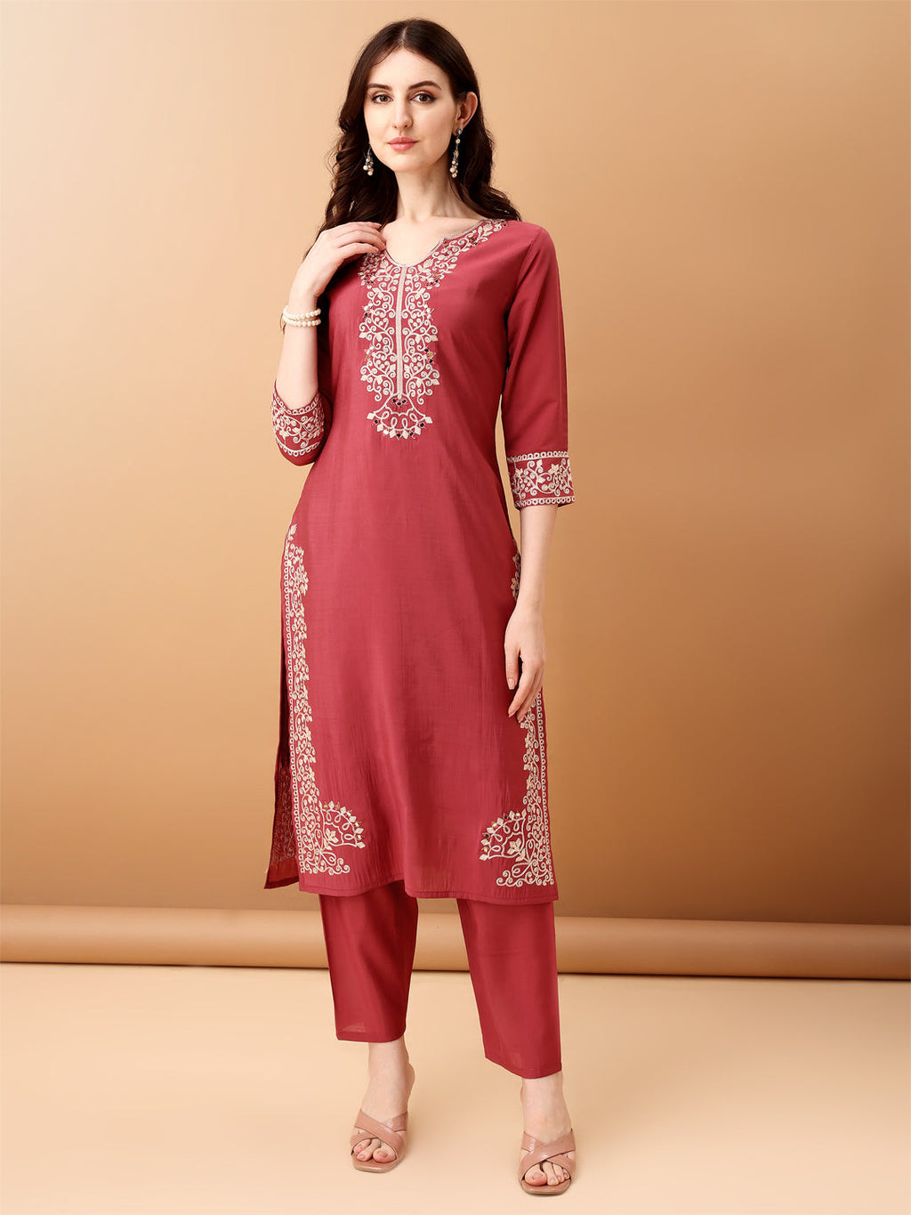 Pink Embroidered Chanderi Kurta Set with Pants and Dupatta
