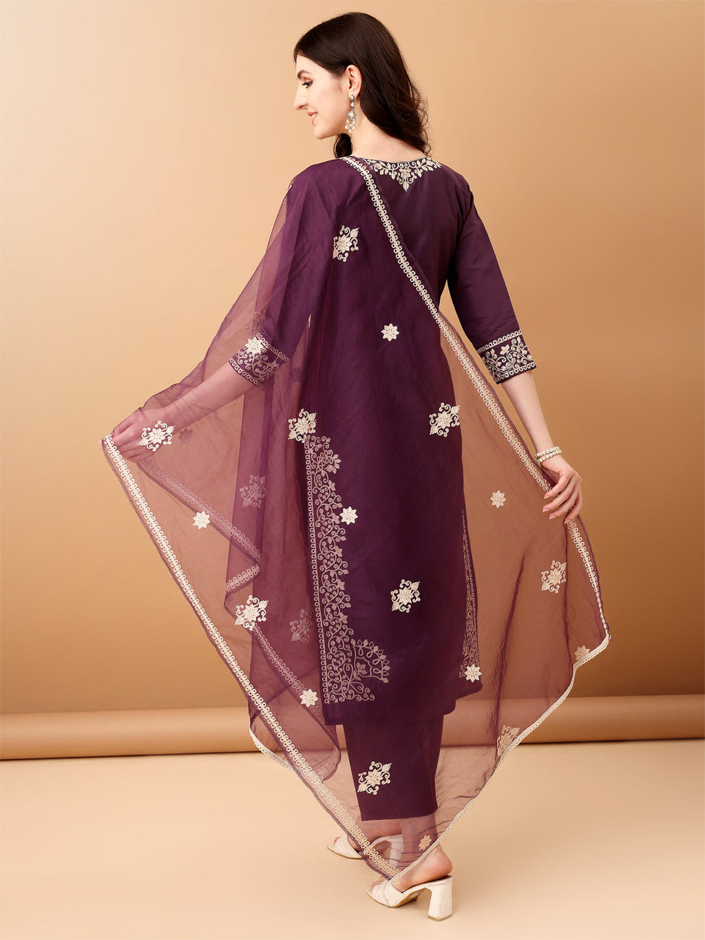 Embroidered Kurta With Pant & Embroidered Dupatta, Purple - Hiral Fashion