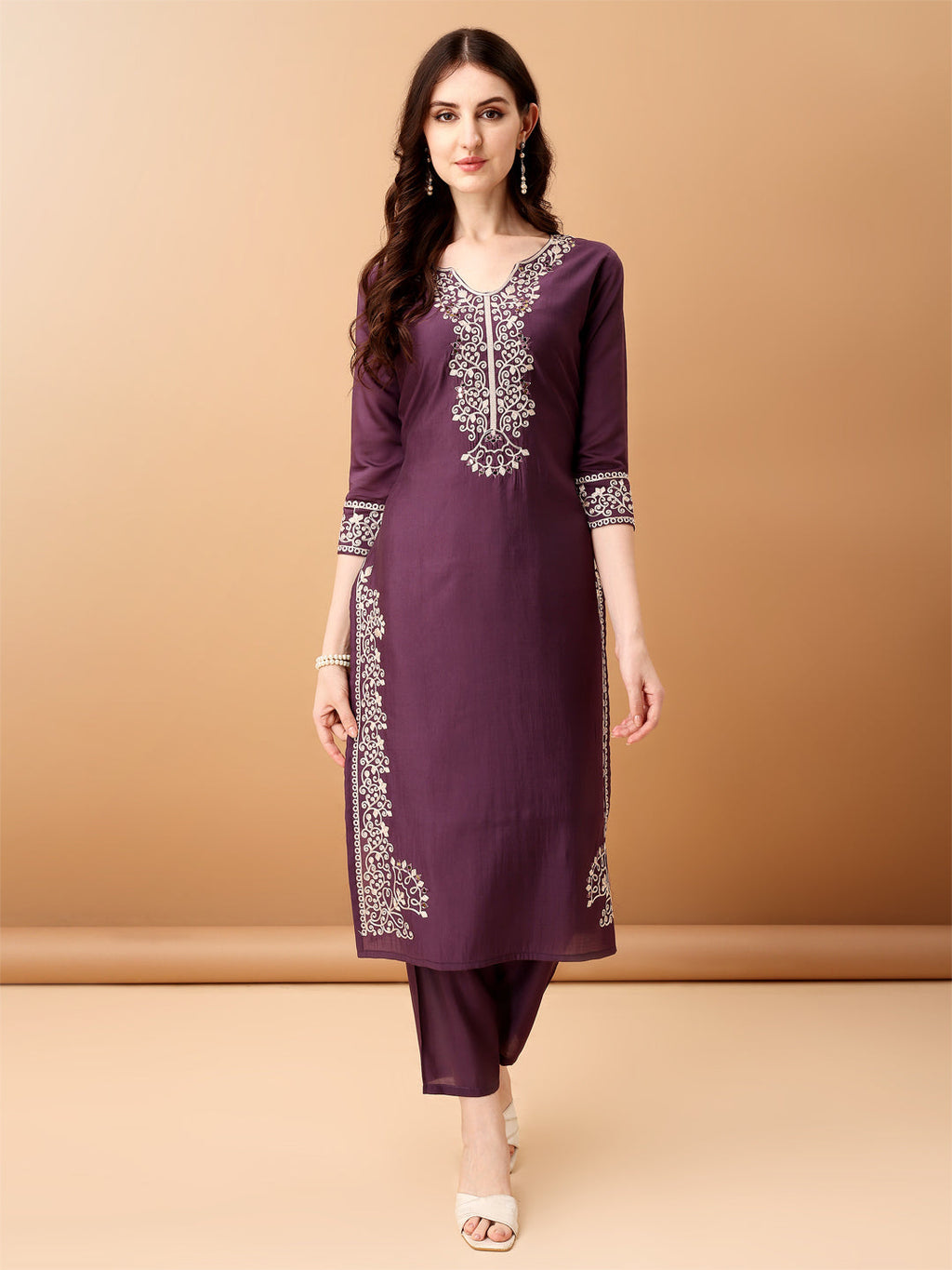 Embroidered Kurta With Pant & Embroidered Dupatta, Purple - Hiral Fashion