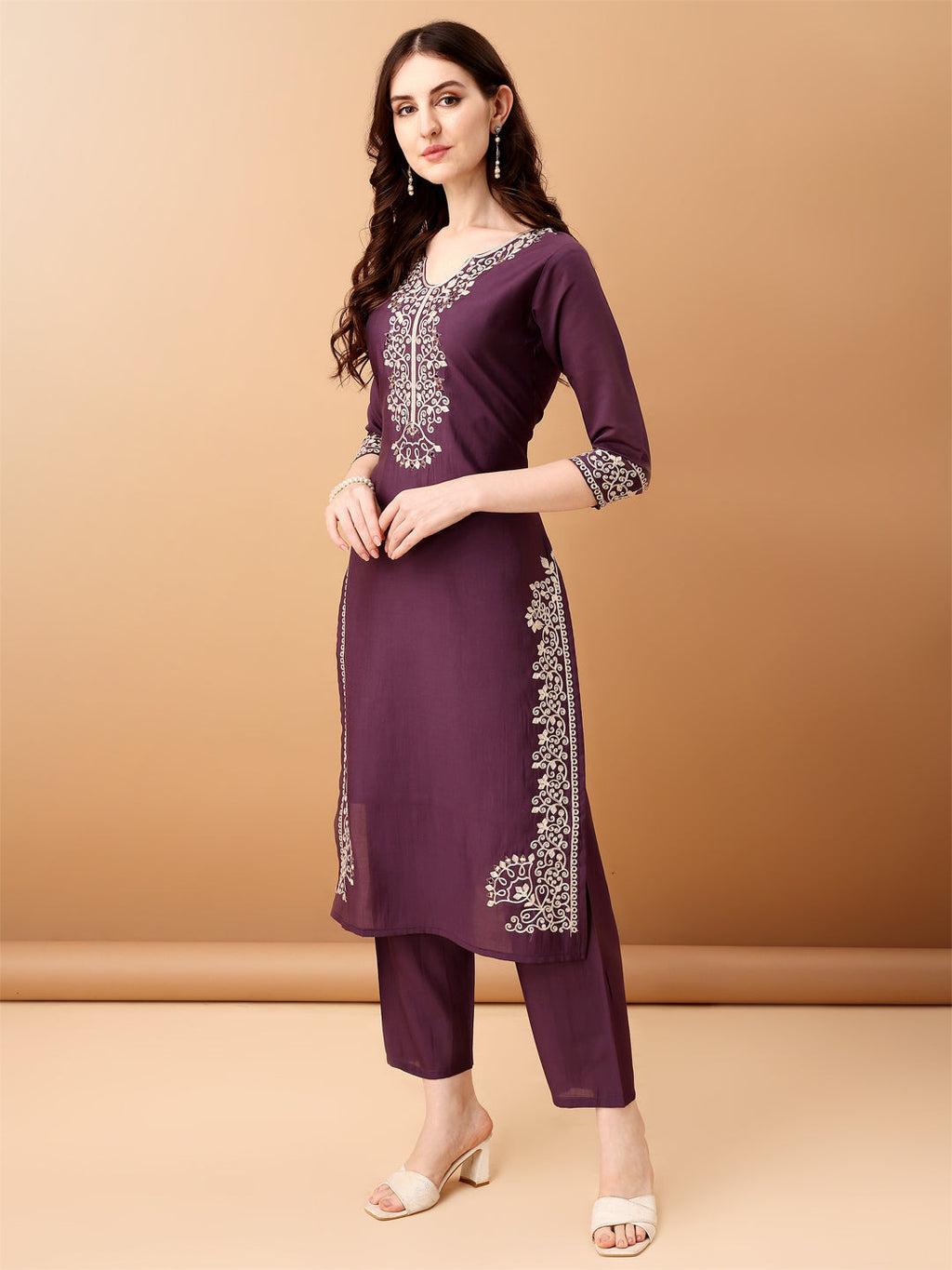 Embroidered Kurta With Pant & Embroidered Dupatta, Purple - Hiral Fashion