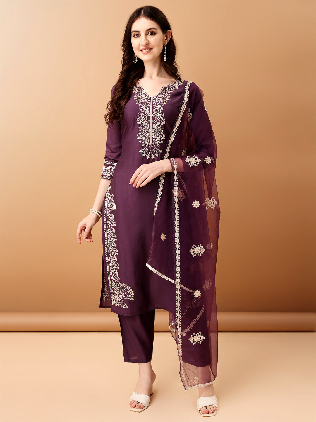 Embroidered Kurta With Pant & Embroidered Dupatta, Purple - Hiral Fashion