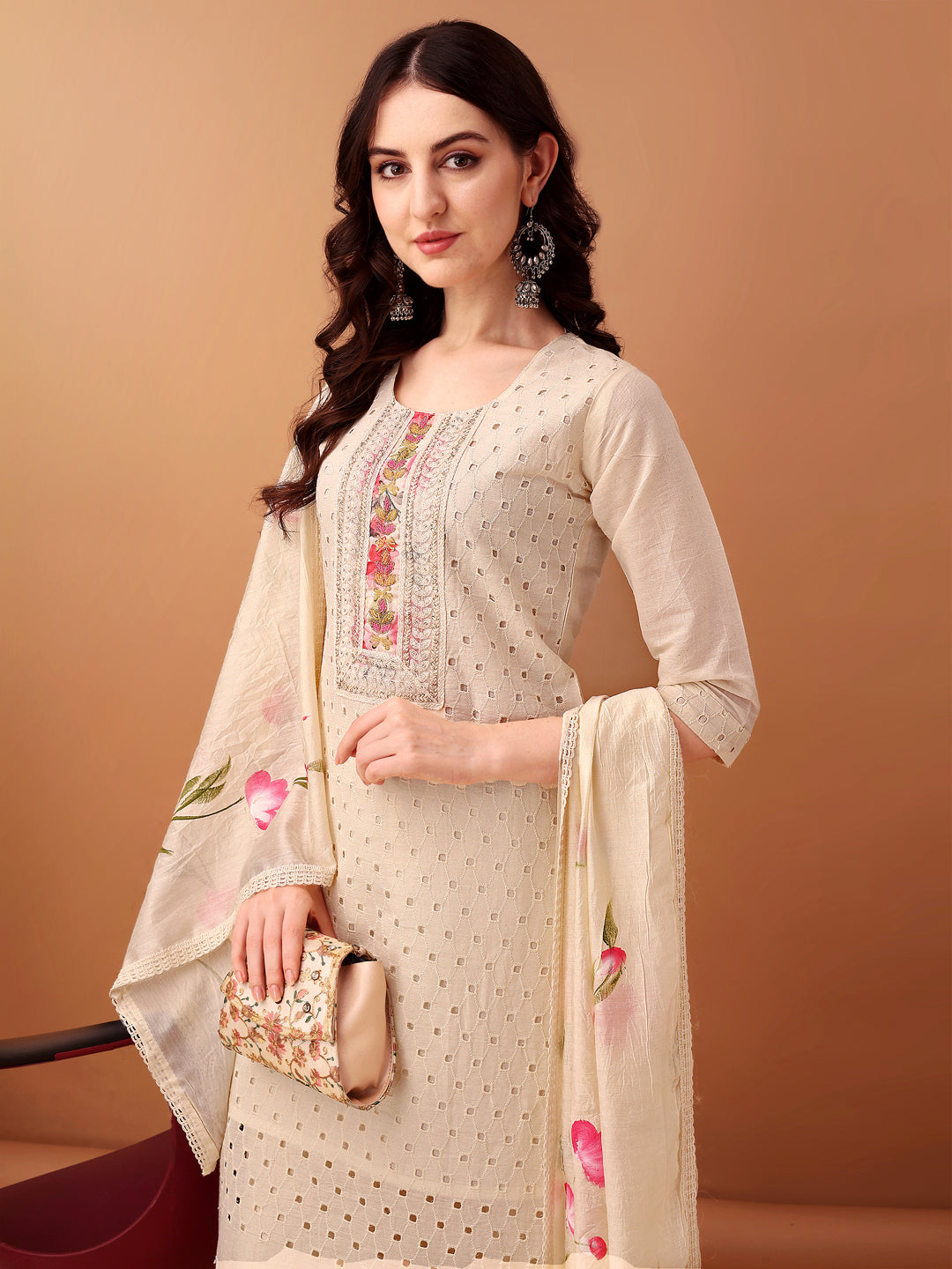 Schiffli & Embroidered Kurta With Pant & Dupatta, Cream - Hiral Fashion