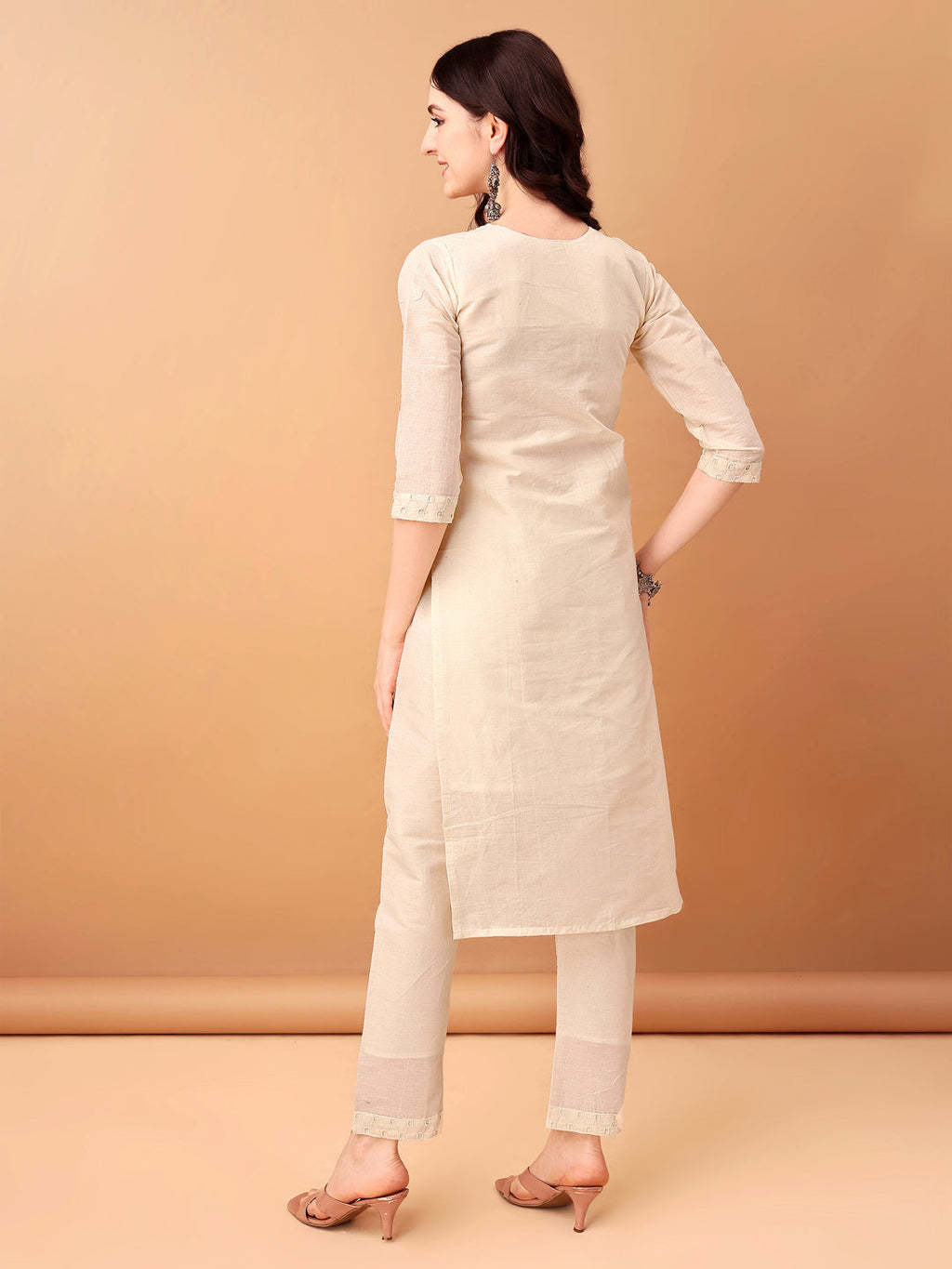 Schiffli & Embroidered Kurta With Pant & Dupatta, Cream - Hiral Fashion