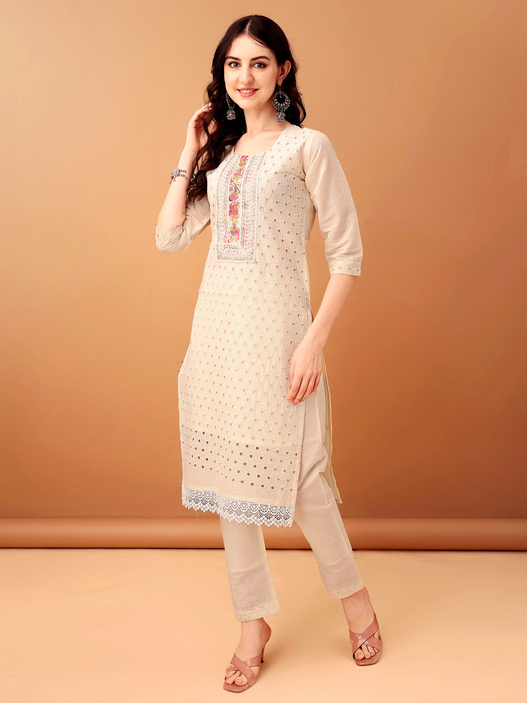 Schiffli & Embroidered Kurta With Pant & Dupatta, Cream - Hiral Fashion