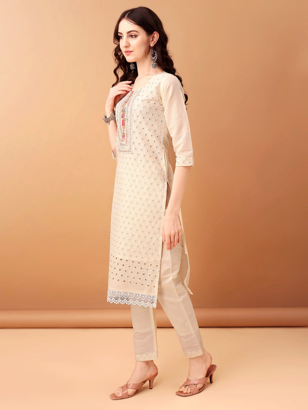 Schiffli & Embroidered Kurta With Pant & Dupatta, Cream - Hiral Fashion