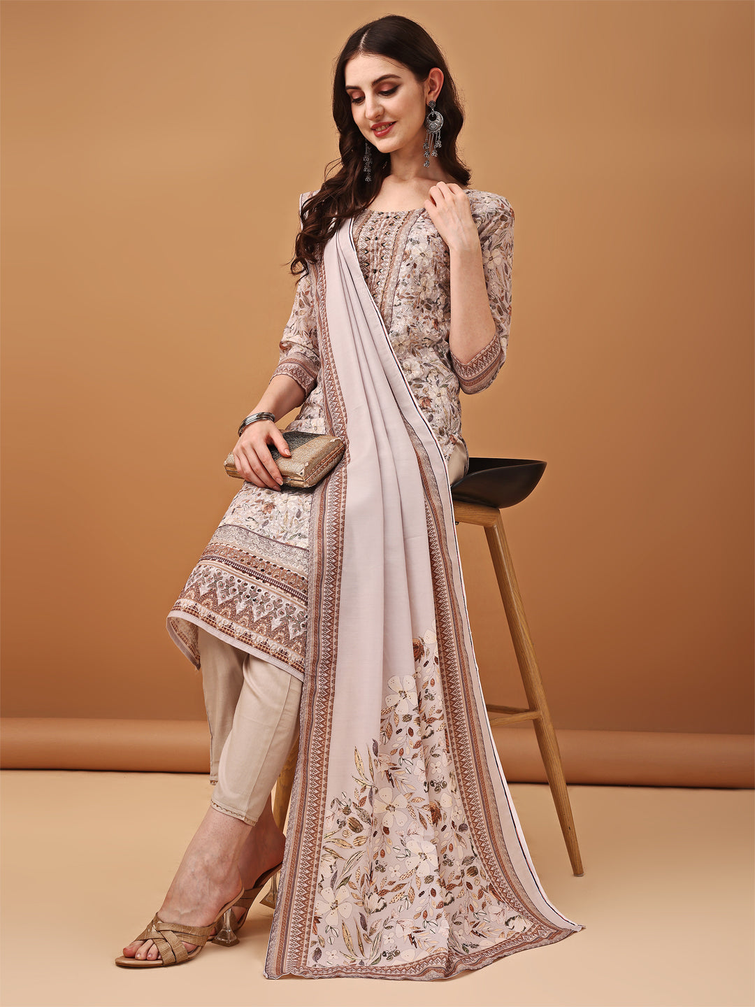 Brown cotton kurta featuring hand embroidery and schiffli work with printed dupatta