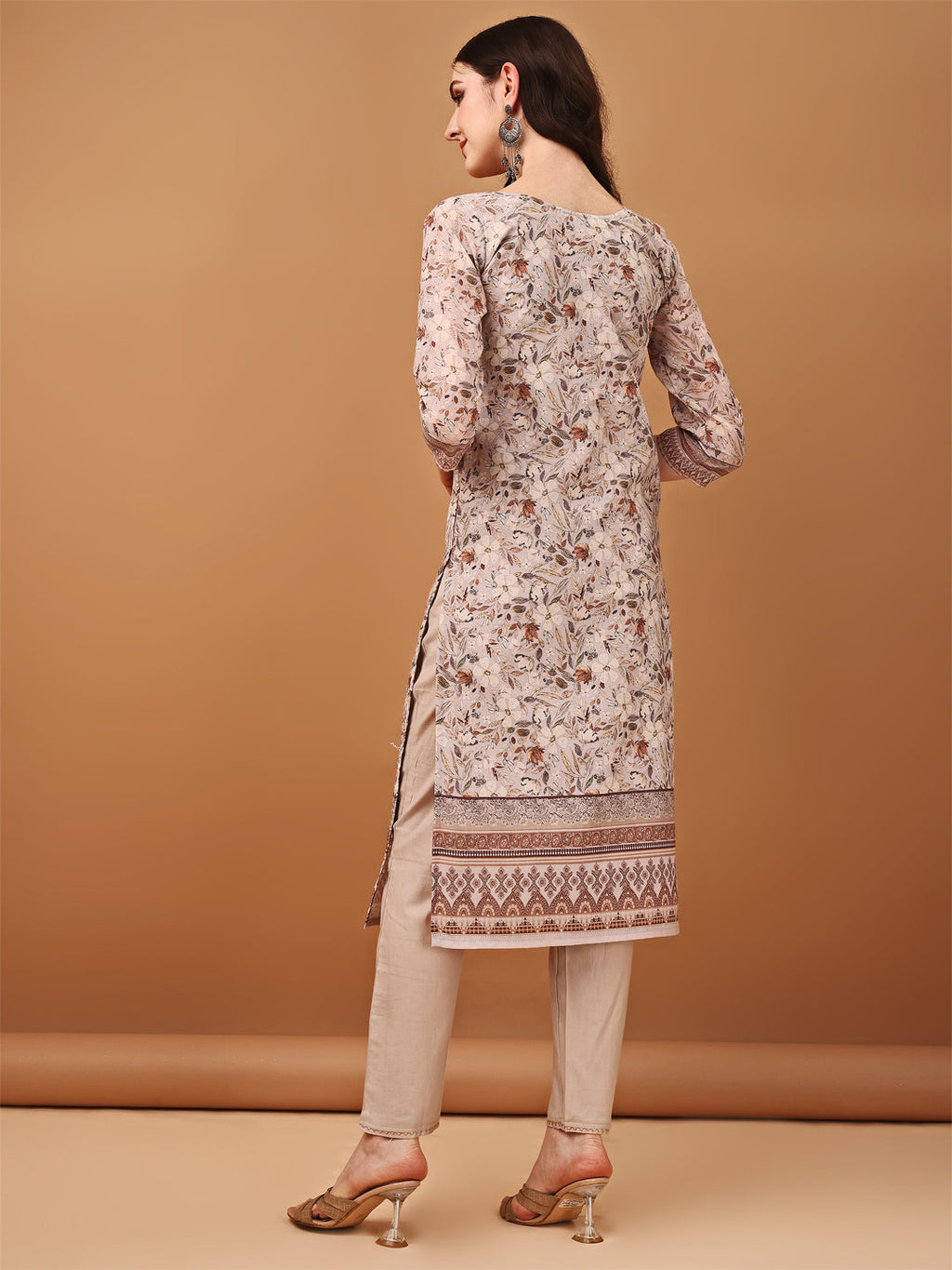 Brown Hand Embroidered Schiffli Printed Kurta Set with Dupatta