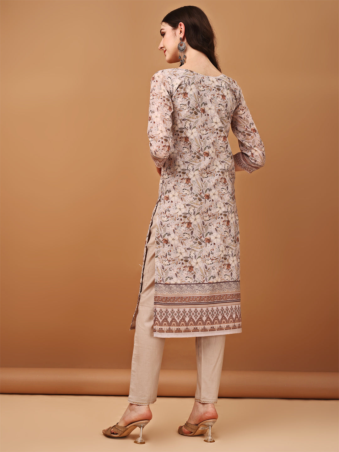 Brown Hand Embroidered Schiffli Printed Kurta Set with Dupatta