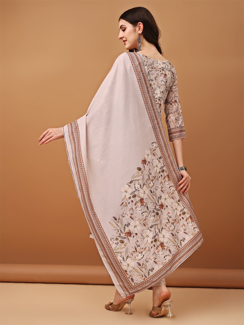 Brown Hand Embroidered Schiffli Printed Kurta Set with Dupatta