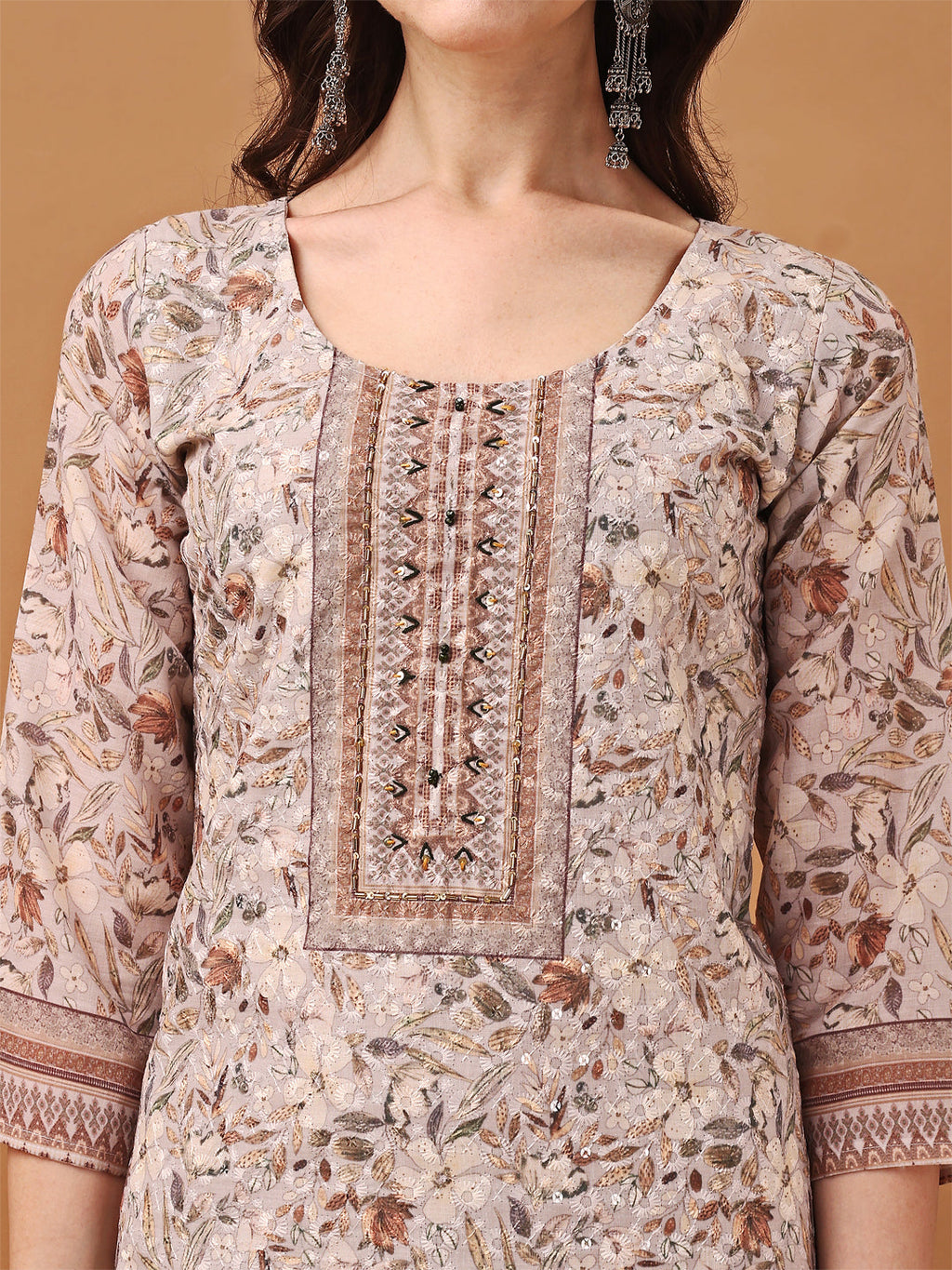 Brown Hand Embroidered Schiffli Printed Kurta Set with Dupatta