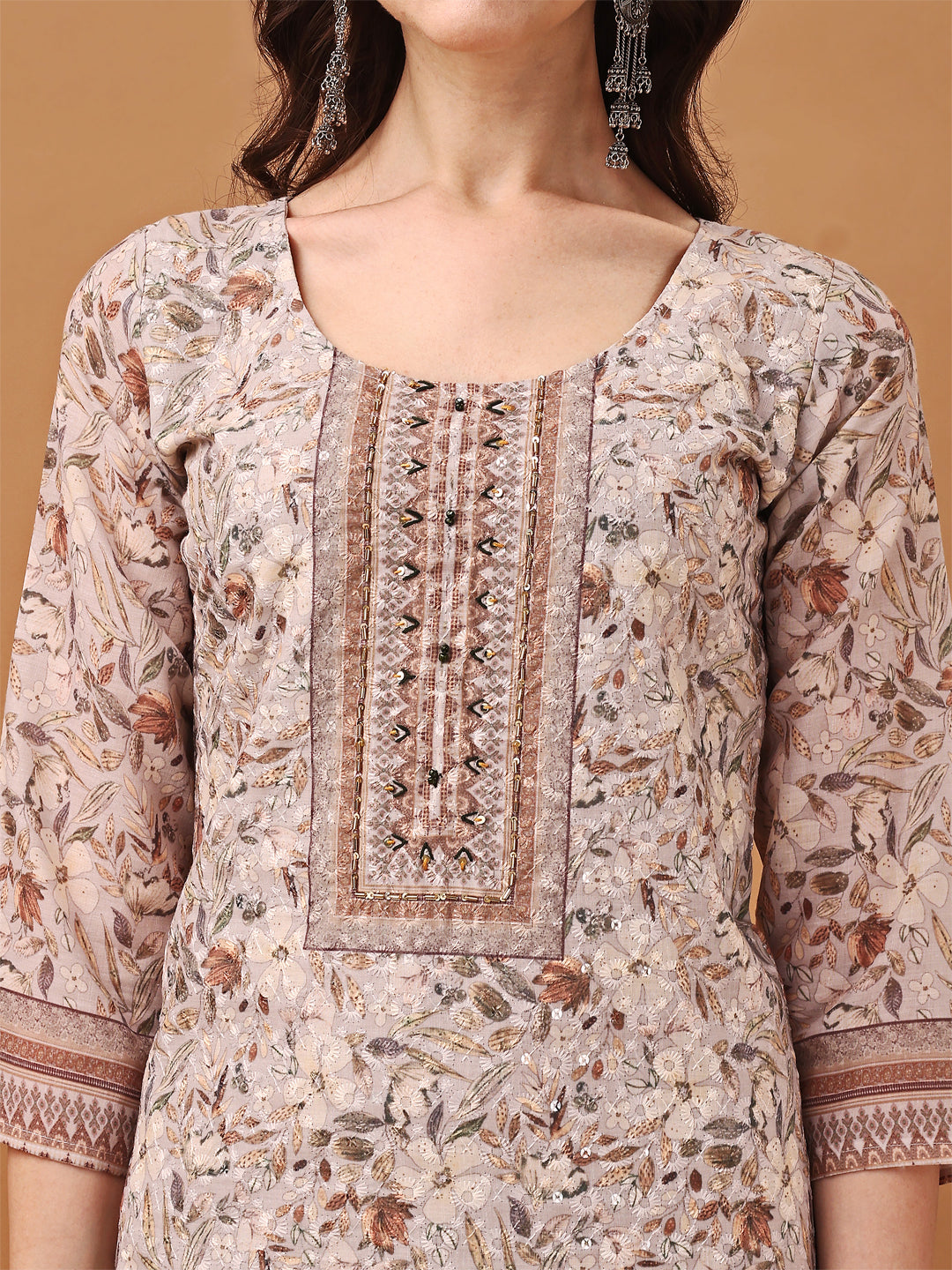 Brown Hand Embroidered Schiffli Printed Kurta Set with Dupatta