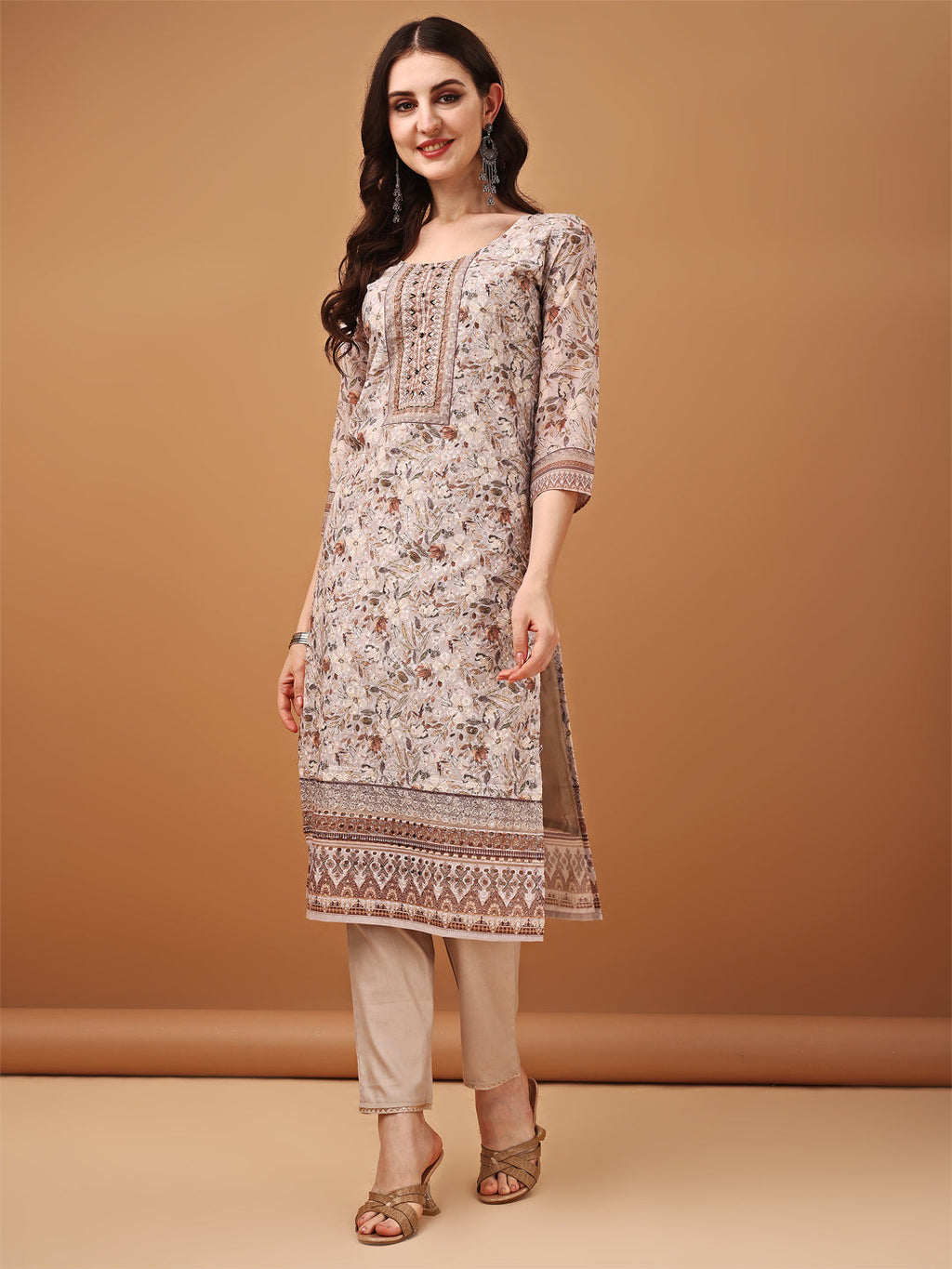 Brown Hand Embroidered Schiffli Printed Kurta Set with Dupatta