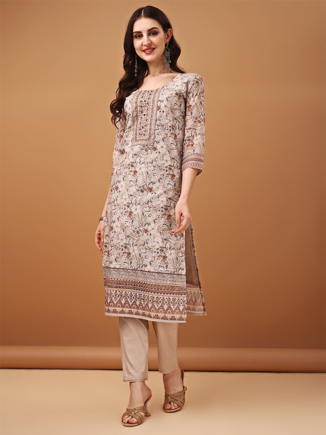 Brown Hand Embroidered Schiffli Printed Kurta Set with Dupatta