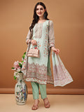 Green hand embroidered schiffli cotton kurta with matching pants and printed dupatta