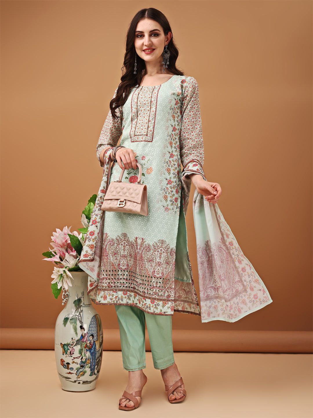 Green hand embroidered schiffli cotton kurta with matching pants and printed dupatta