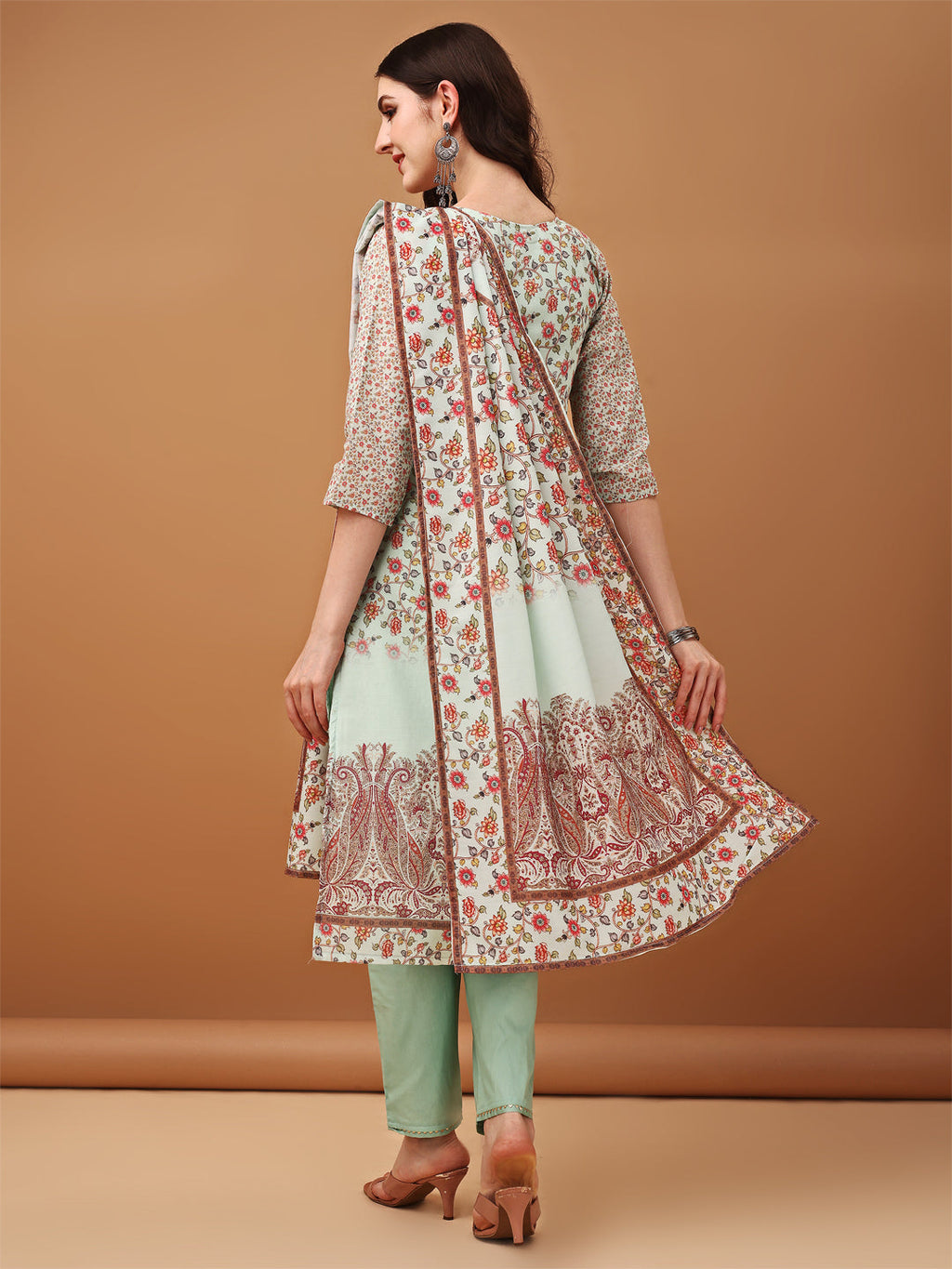 Green Hand Embroidered Schiffli Kurta Set with Printed Dupatta