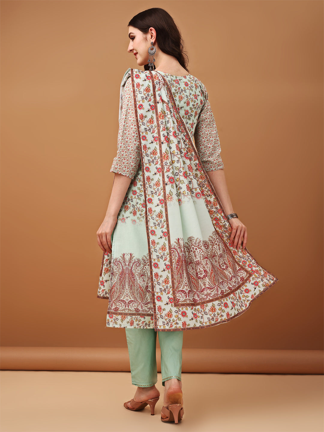 Green Hand Embroidered Schiffli Kurta Set with Printed Dupatta