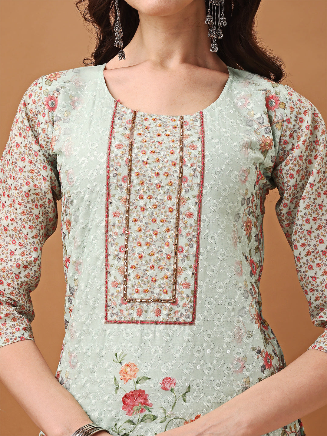 Green Hand Embroidered Schiffli Kurta Set with Printed Dupatta