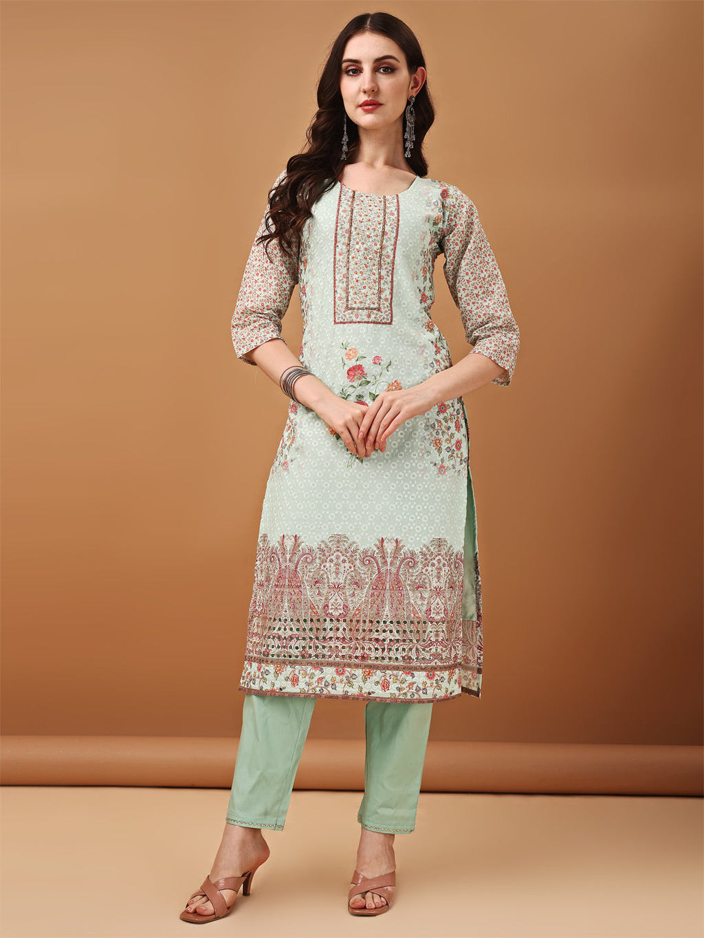 Green Hand Embroidered Schiffli Kurta Set with Printed Dupatta