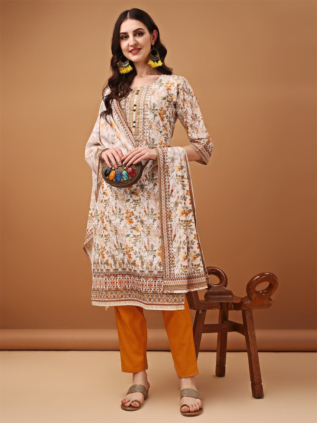 Yellow hand embroidered schiffli kurta set with printed dupatta and pants