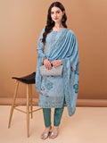 Blue Schiffli Hand Embroidered Printed Kurta Set with Dupatta