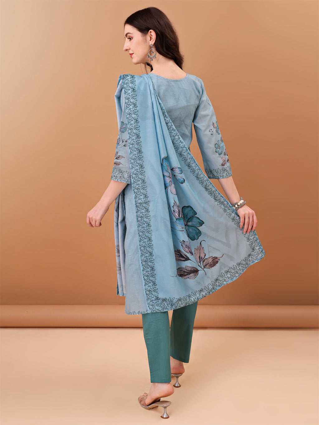 Blue Schiffli Hand Embroidered Printed Kurta Set with Dupatta
