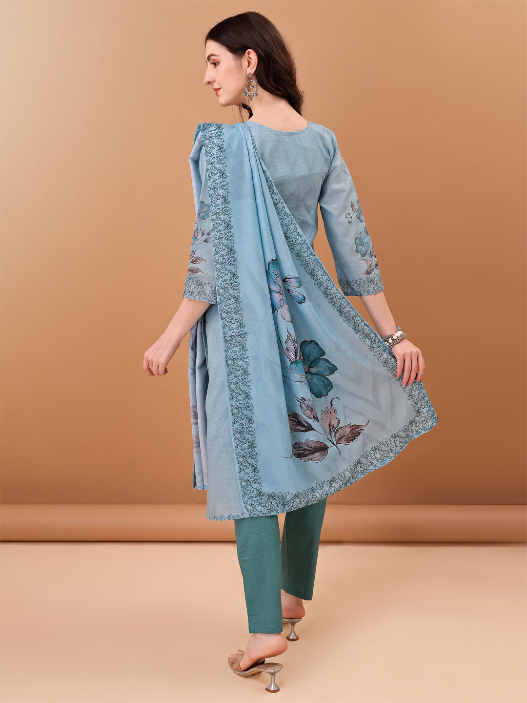 Blue Schiffli Hand Embroidered Printed Kurta Set with Dupatta
