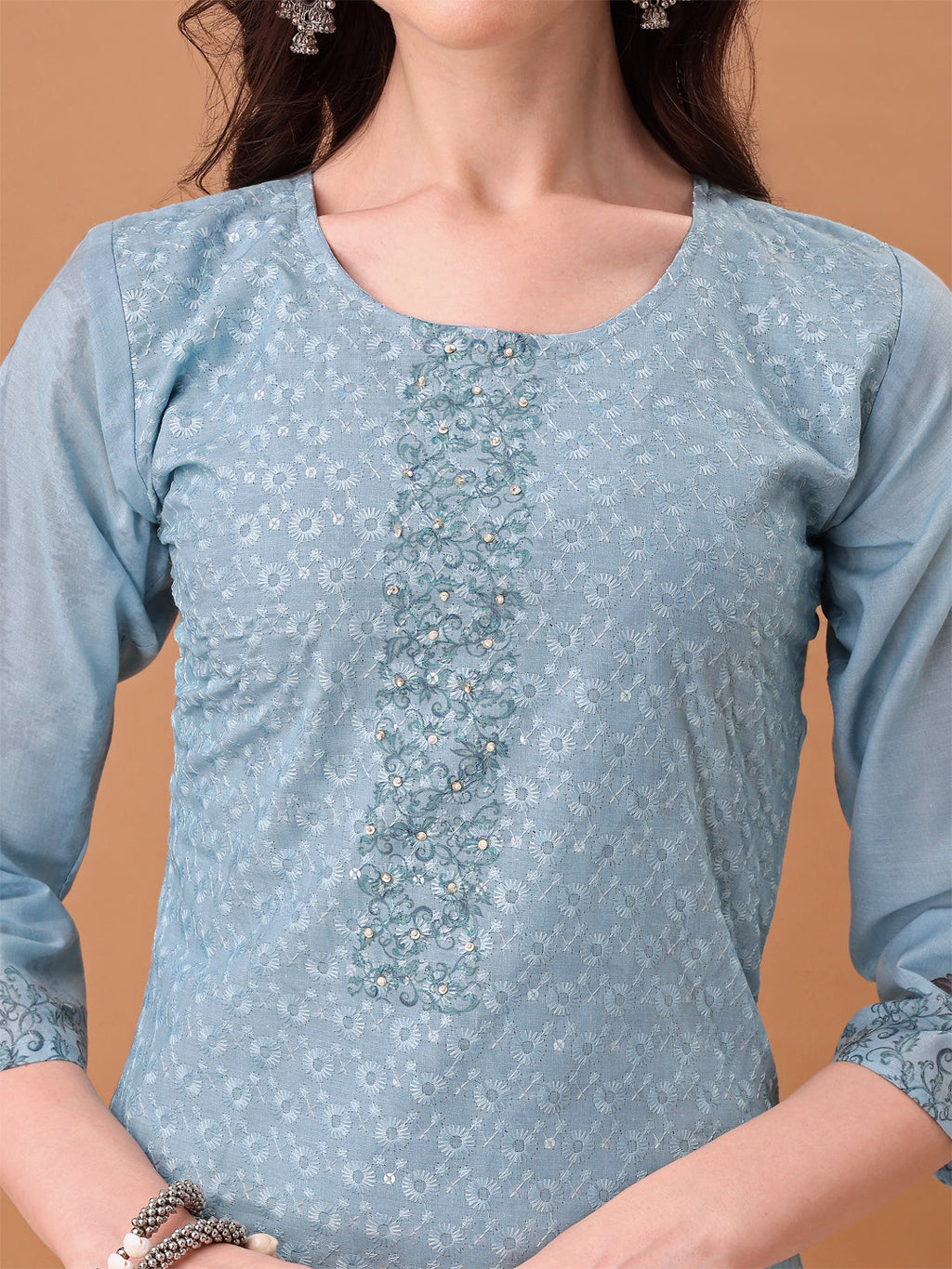 Blue Schiffli Hand Embroidered Printed Kurta Set with Dupatta