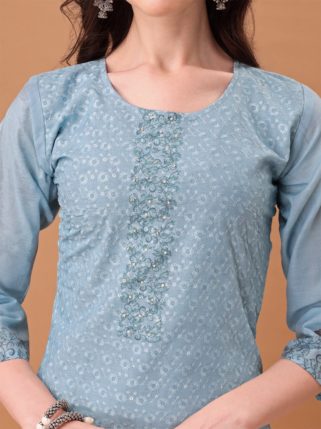 Blue Schiffli Hand Embroidered Printed Kurta Set with Dupatta