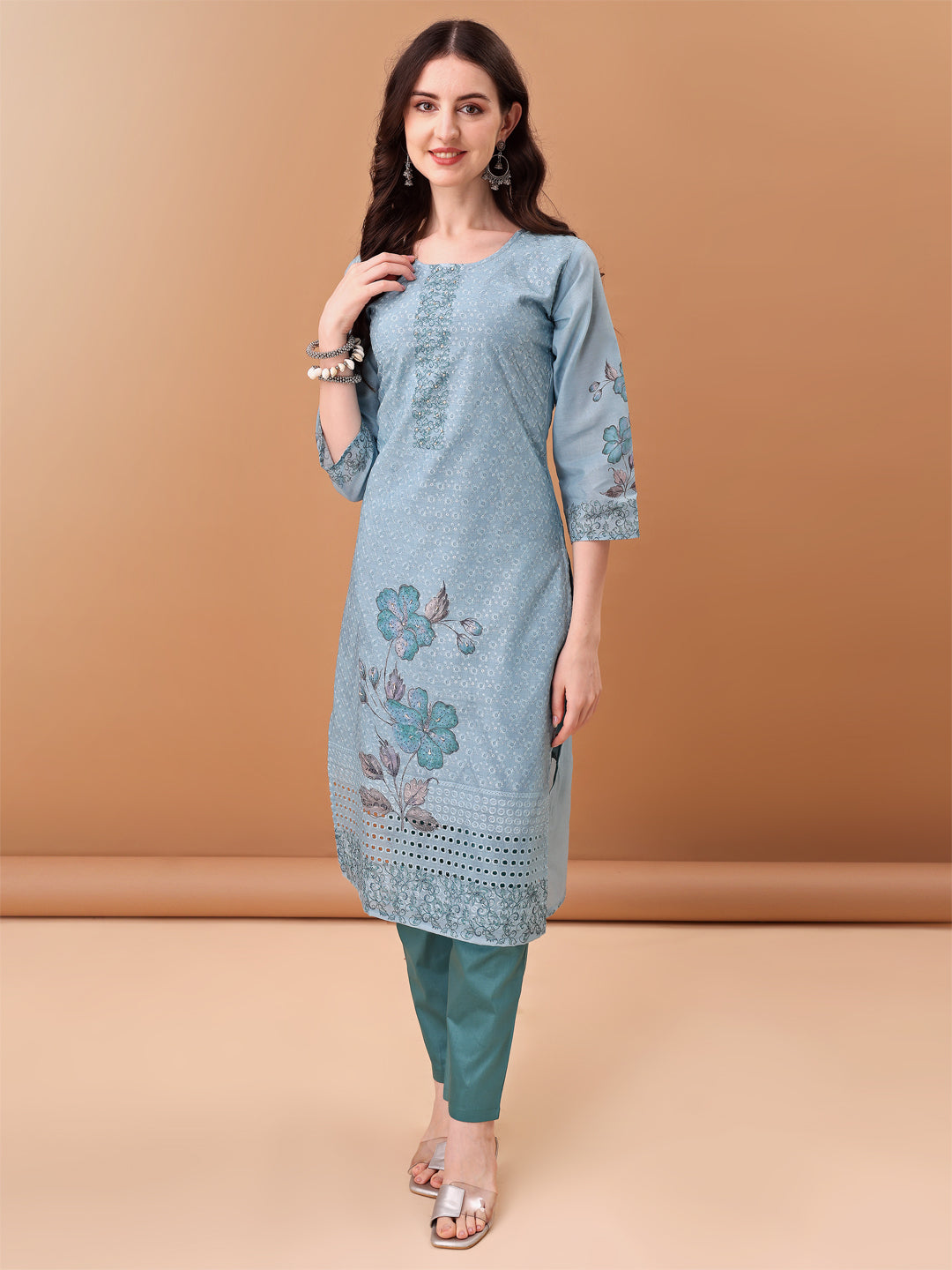 Blue Schiffli Hand Embroidered Printed Kurta Set with Dupatta