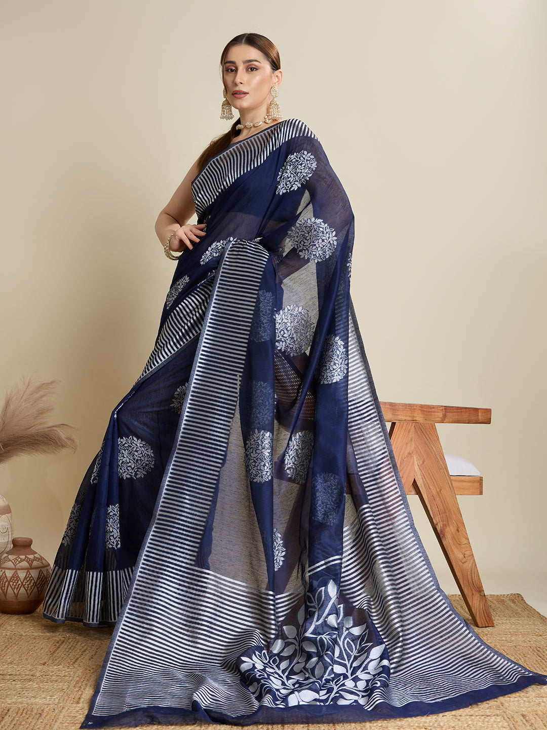 Royal Blue soft silk Banarsi saree with Jari weaving and matching unstitched blouse.