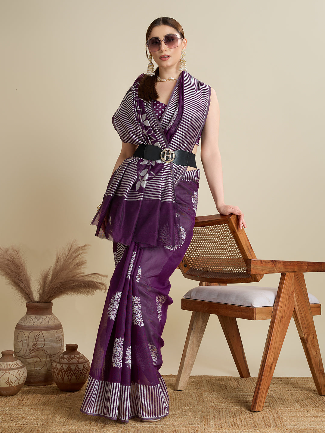 Deep Purple Soft Silk Saree with Bas Weaving and Unstitched Blouse