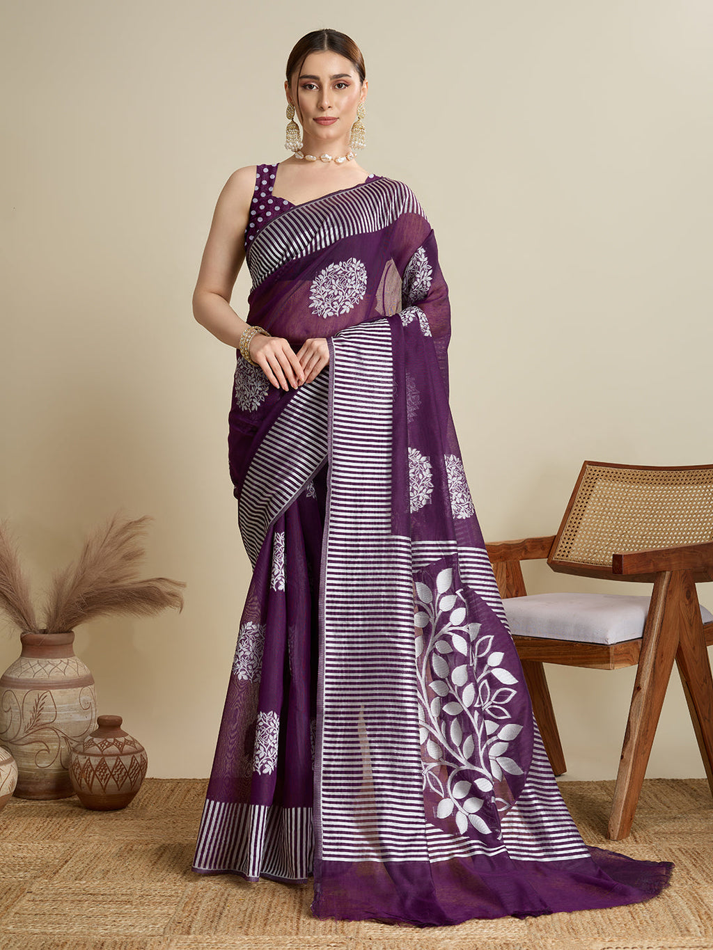 Deep purple soft silk saree with Bas weaving and jari detailing